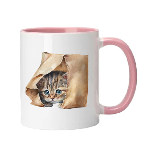 Mug - 11oz - Kitten peaking out of a brown paper bag