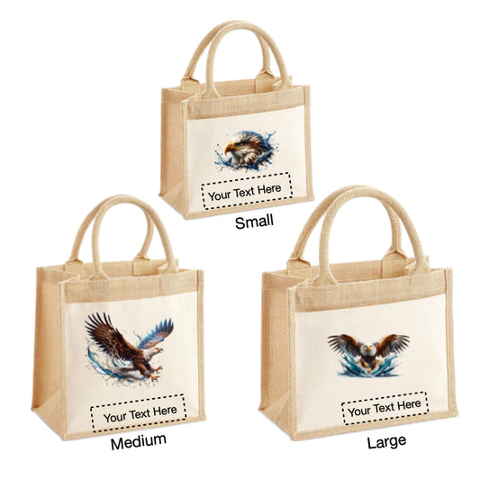 Jute Tote Bags - With 10 different Paint Splashed Eagle images