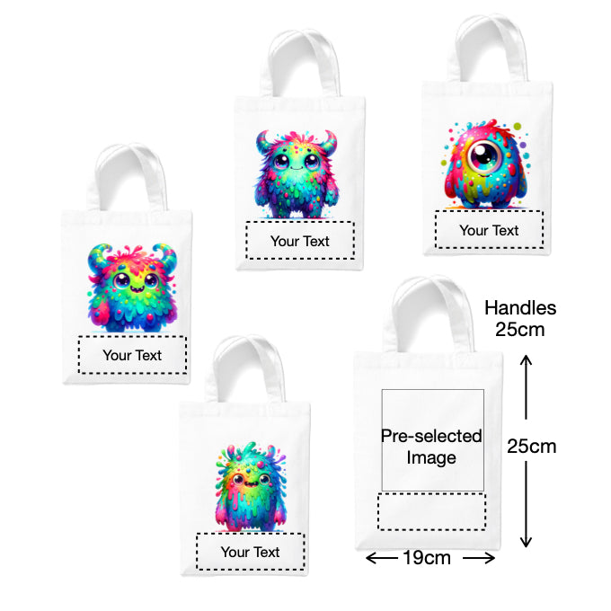 Small White Cotton Tote Bags 2.5ltr - Cartoon Monsters for children - personalisation available