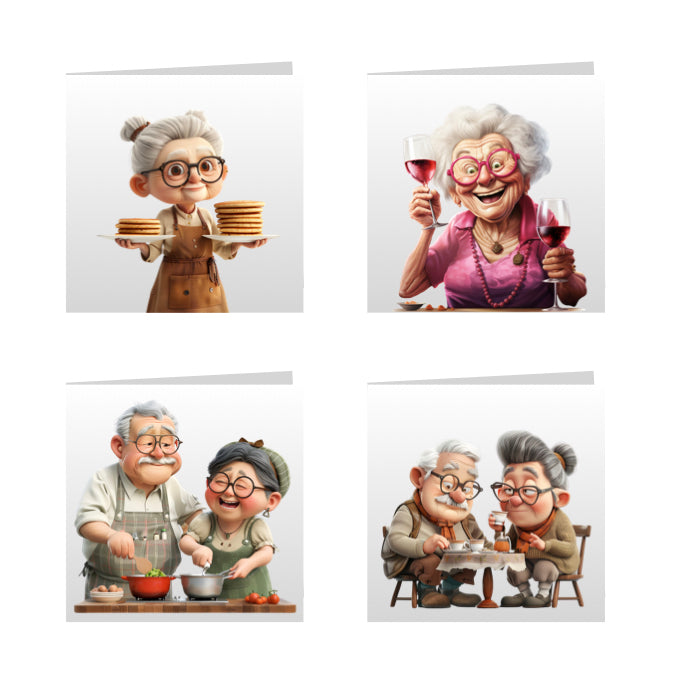 Square Greeting Cards - OAP's with Food & Drink
