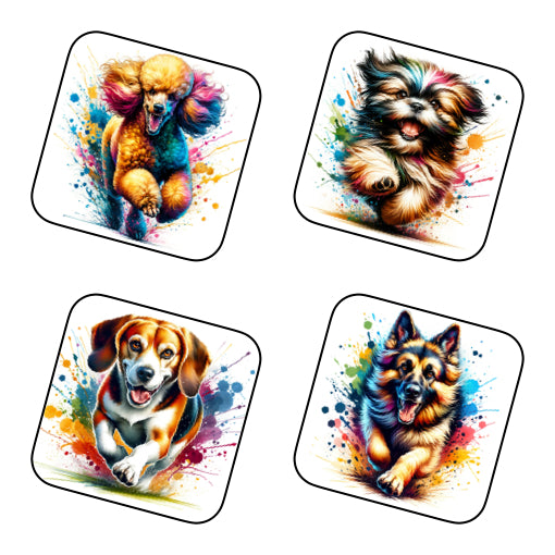 Coasters of paint splashed dog breeds