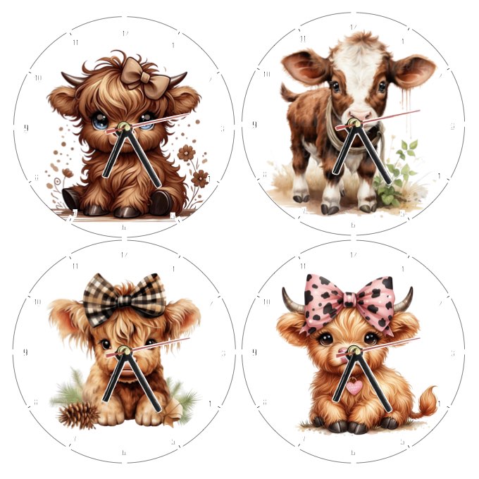 Clocks with 16x different clipart Baby Highland Cows - Group B