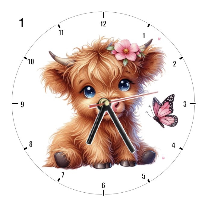 Clocks with 16x different clipart Baby Highland Cows - Group B