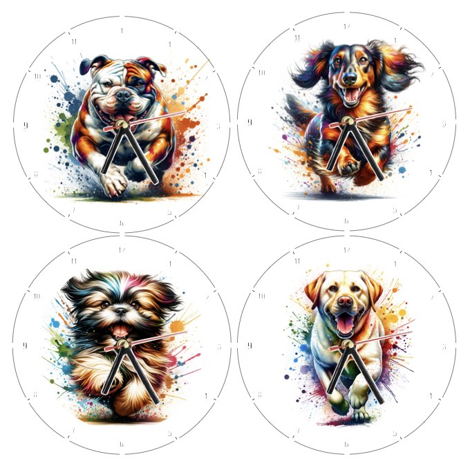 Clocks with 9x different paint splashed dog breeds