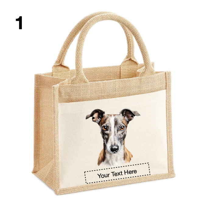 Jute Tote Bags with 13 different images of Whippet Dog breed