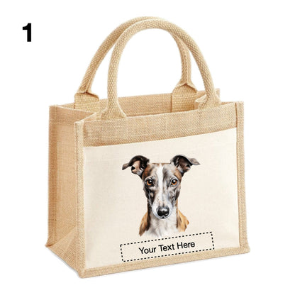 Jute Tote Bags with 13 different images of Whippet Dog breed