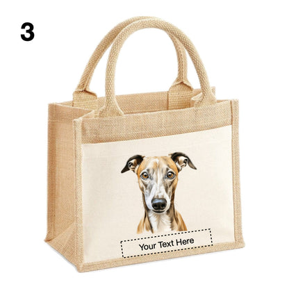 Jute Tote Bags with 13 different images of Whippet Dog breed