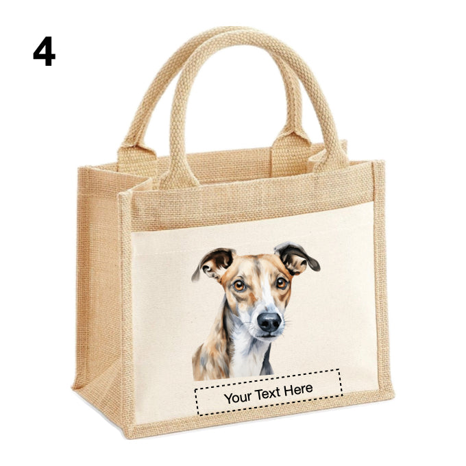 Jute Tote Bags with 13 different images of Whippet Dog breed