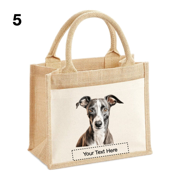 Jute Tote Bags with 13 different images of Whippet Dog breed