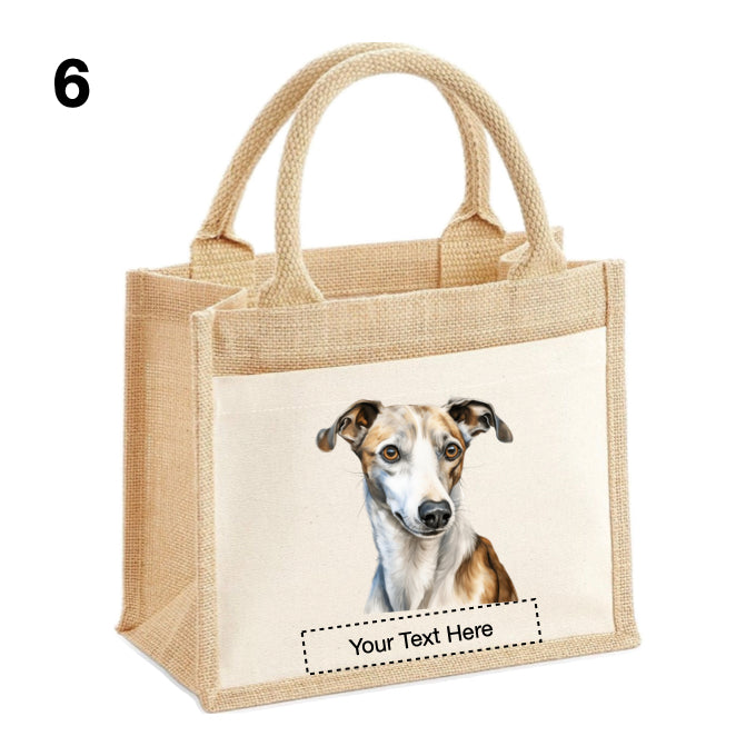 Jute Tote Bags with 13 different images of Whippet Dog breed