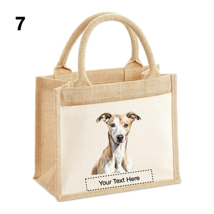 Jute Tote Bags with 13 different images of Whippet Dog breed