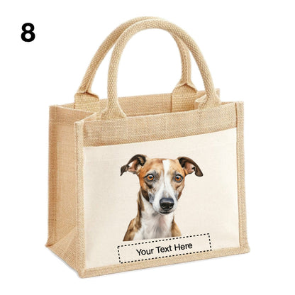 Jute Tote Bags with 13 different images of Whippet Dog breed