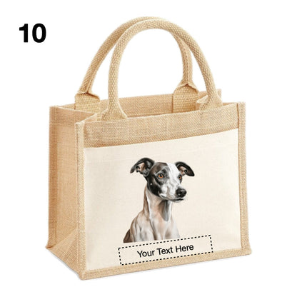 Jute Tote Bags with 13 different images of Whippet Dog breed