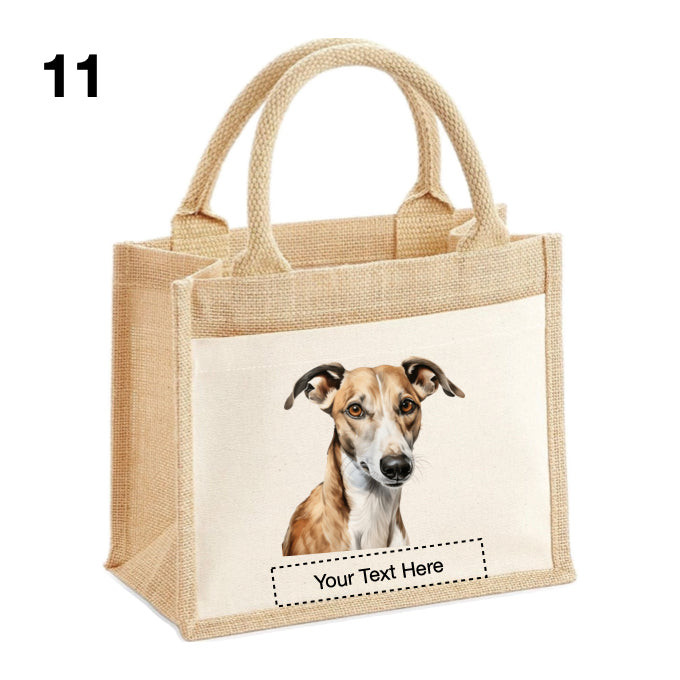 Jute Tote Bags with 13 different images of Whippet Dog breed