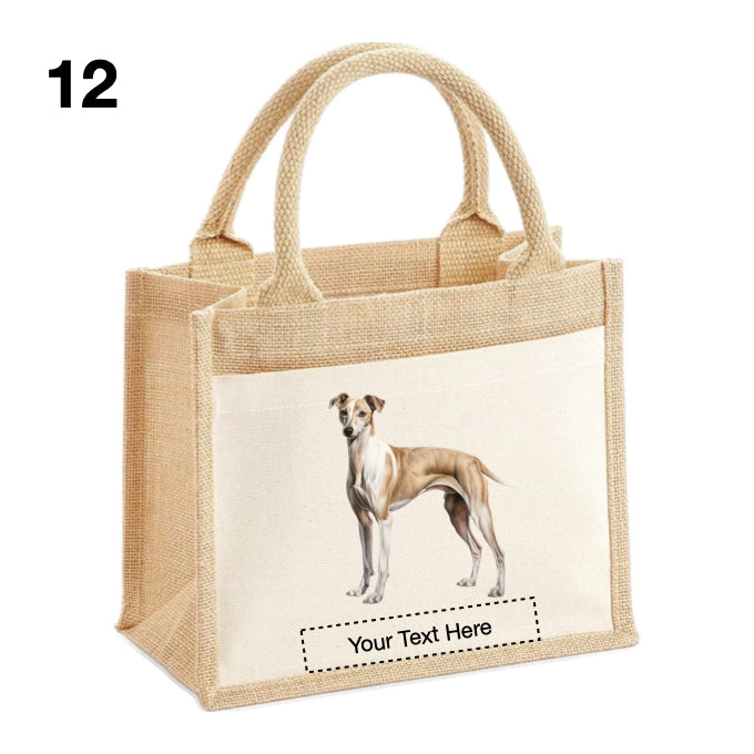 Jute Tote Bags with 13 different images of Whippet Dog breed