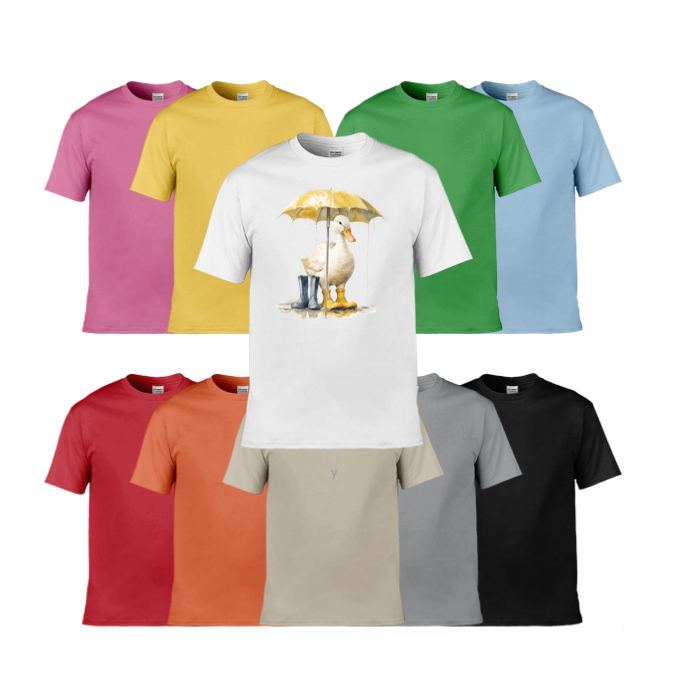 Mens T-Shirt (Gildan Softstyle 64000) - 10 Colours to choose from with a Duck Holding an Umbrella 1