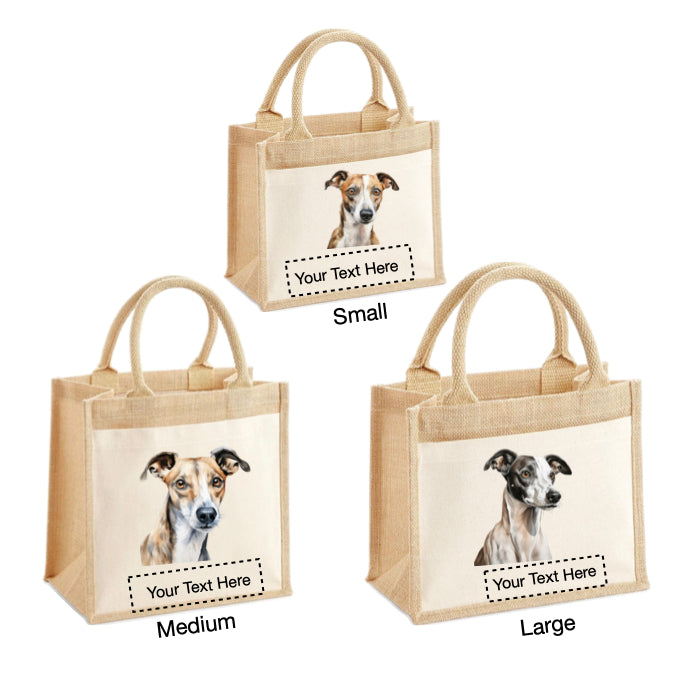 Jute Tote Bags with 13 different images of Whippet Dog breed