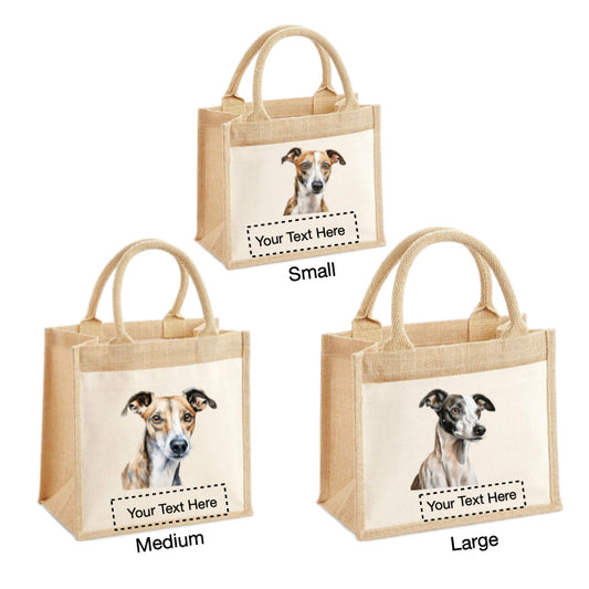 Jute Tote Bags with 13 different images of Whippet Dog breed