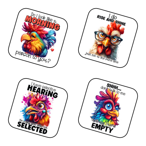 Coasters of Sarcastic Quotes with Chickens