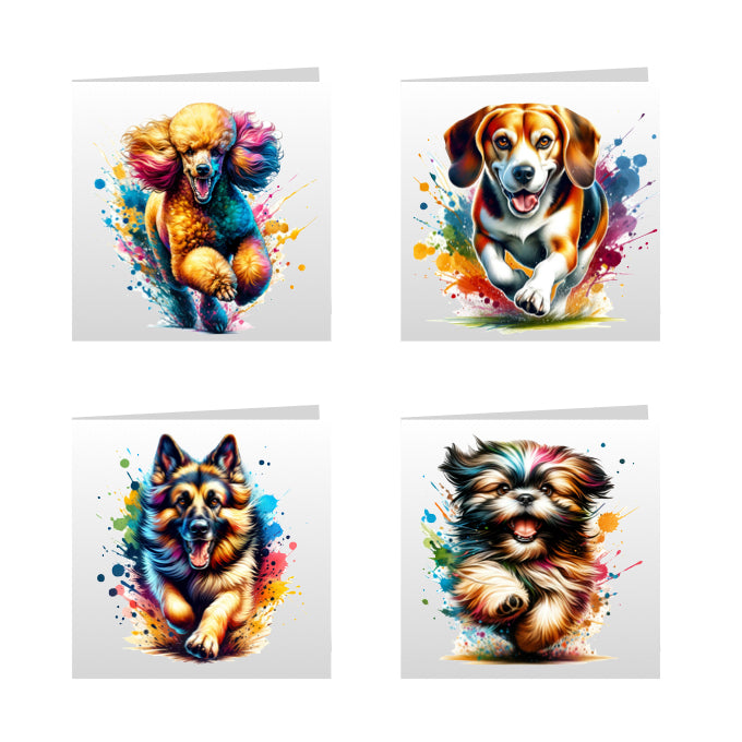 Square Greeting Cards with paint splashed dog breeds