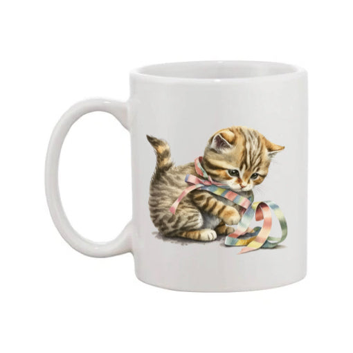 Mug - 11oz - Kitten playing with a ribbon