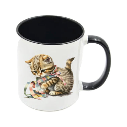 Mug - 11oz - Kitten playing with a ribbon
