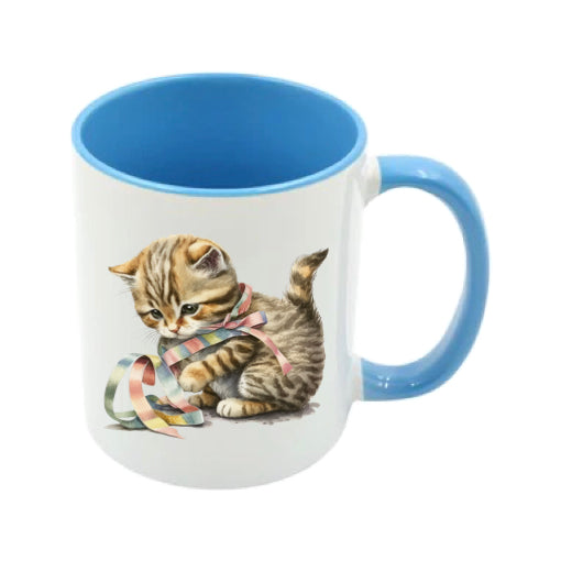 Mug - 11oz - Kitten playing with a ribbon