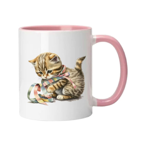 Mug - 11oz - Kitten playing with a ribbon