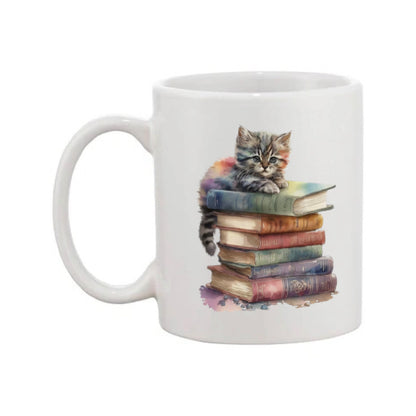 Mug - 11oz - Kitten laying on top of a pile of books