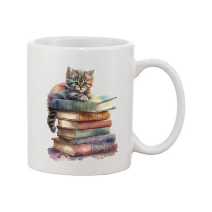 Mug - 11oz - Kitten laying on top of a pile of books