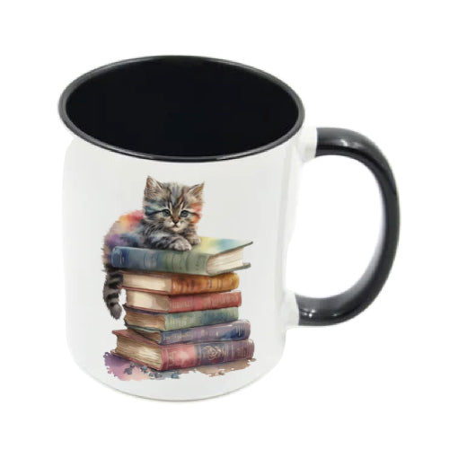 Mug - 11oz - Kitten laying on top of a pile of books