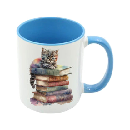 Mug - 11oz - Kitten laying on top of a pile of books