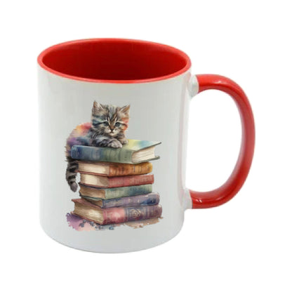 Mug - 11oz - Kitten laying on top of a pile of books