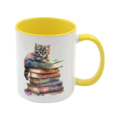 Mug - 11oz - Kitten laying on top of a pile of books