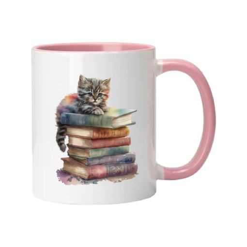 Mug - 11oz - Kitten laying on top of a pile of books