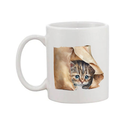 Mug - 11oz - Kitten peaking out of a brown paper bag