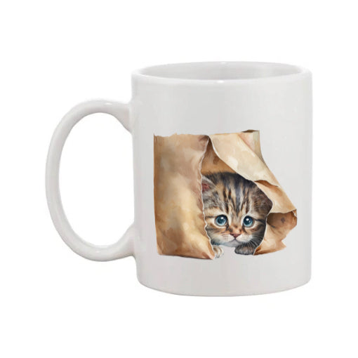 Mug - 11oz - Kitten peaking out of a brown paper bag