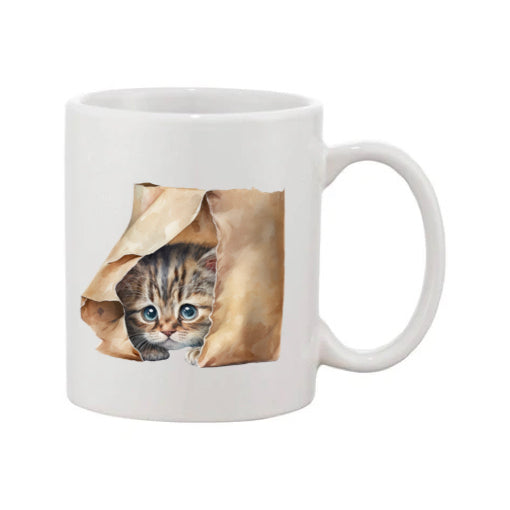 Mug - 11oz - Kitten peaking out of a brown paper bag