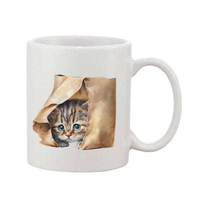 Mug - 11oz - Kitten peaking out of a brown paper bag
