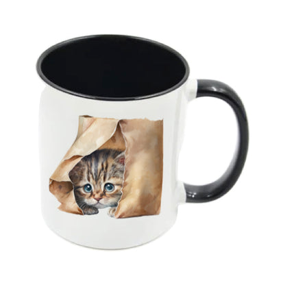 Mug - 11oz - Kitten peaking out of a brown paper bag