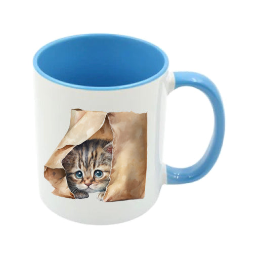 Mug - 11oz - Kitten peaking out of a brown paper bag