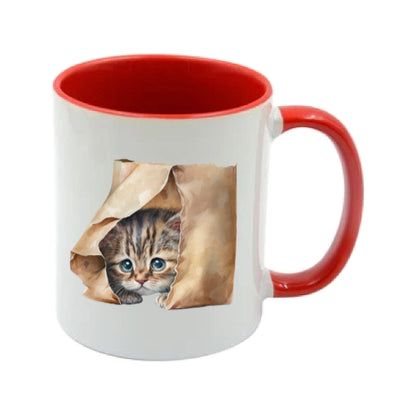 Mug - 11oz - Kitten peaking out of a brown paper bag