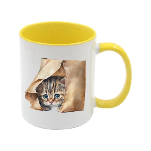 Mug - 11oz - Kitten peaking out of a brown paper bag