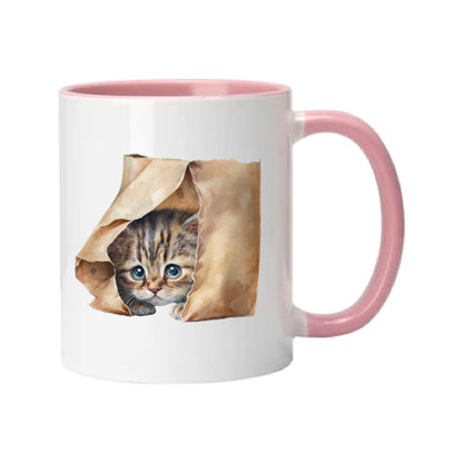 Mug - 11oz - Kitten peaking out of a brown paper bag