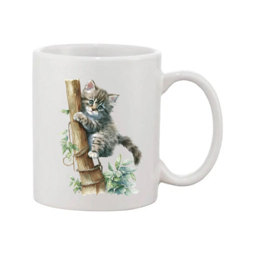 Mug - 11oz - Kitten climbing a tree trunk