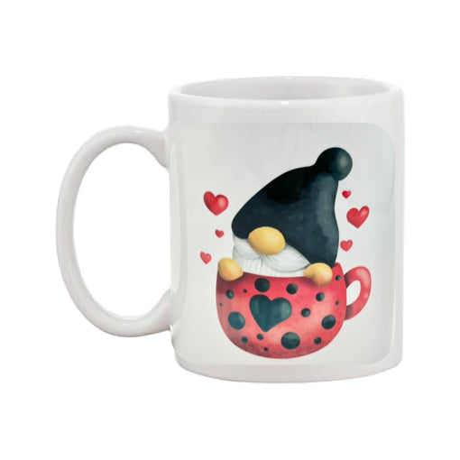 Mug - 11oz - Gnome sitting in a red mug with black hearts