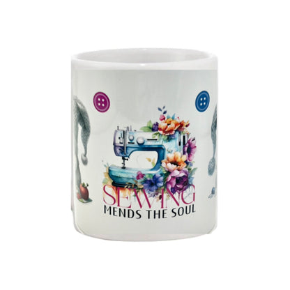 Mug - 11oz - "Sewing mends the soul" gnome and sewing machine