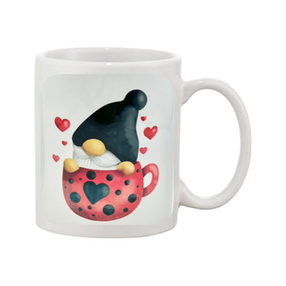 Mug - 11oz - Gnome sitting in a red mug with black hearts